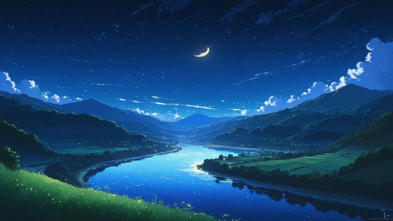 A painting of a river, stars and the moon in the sky, In bright colors, by makoto shinkai. Concept art inspired by Mitsuoki Tosa, pixiv Contest Winner, Highest quality, Fantasy art, Beautiful anime scene, Golden Moon, No humans, Starry Sky, scenery, cloud, Shine, the scenery of night landscapes, Mountain, Rivers. Bright Moon, Starry Sky environment under the moonlight, Dream Painting, Anime Background art, Fantasy Landscape Painting, A dreamlike night, Anime Background, Background artwork, Dreamy Art, Atmospheric anime, Starry Sky, Detail enhancements.