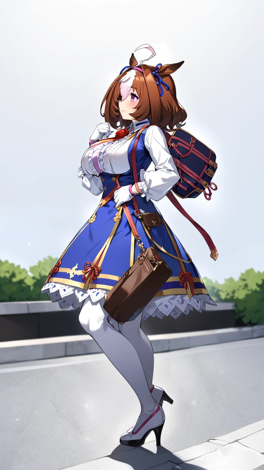 meisho doto \(umamusume\),white shirt, collared shirt, white gloves, shoulder bag, strap between breasts, blue skirt, long sleeves, white thighhighs, high heels, handbag, white footwear, center frills, sleeves past wrist,