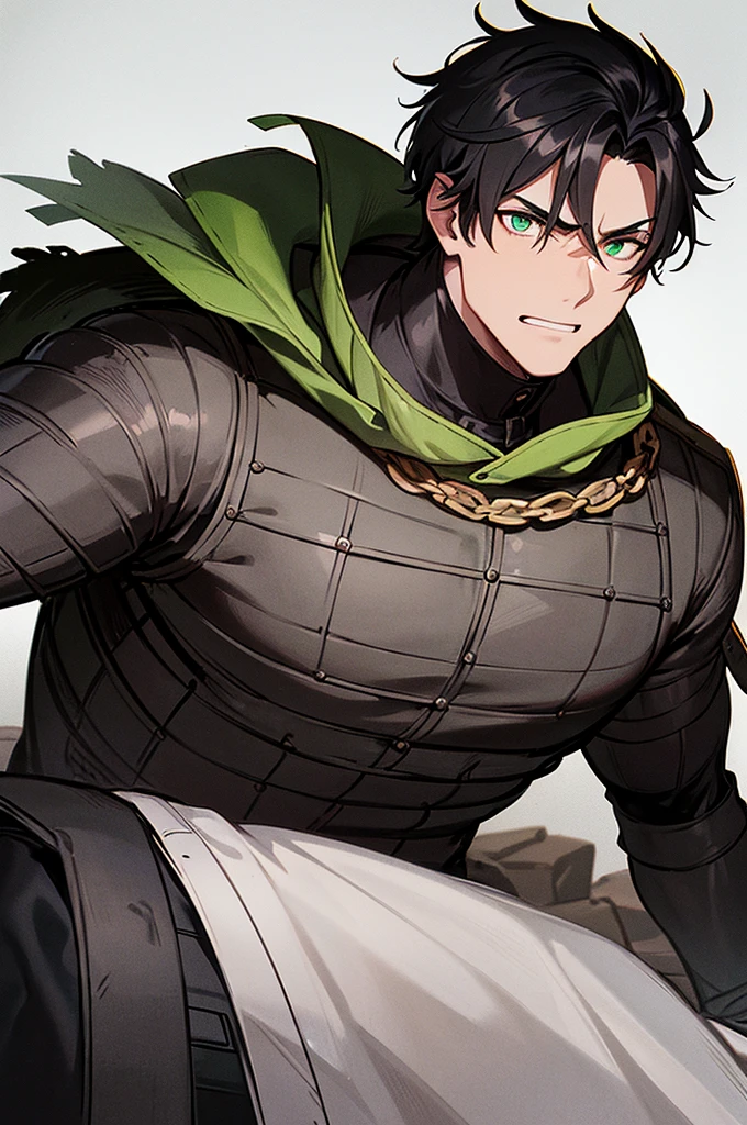 Content: A black man with short, spikey black hair and green eyes is dressed in a black military uniform with medieval aesthetics. His face is marked with scars, giving him a rugged, battle-hardened look, exuding a no-nonsense demeanor.
Medium: Digital art, character illustration.
Style: Inspired by detailed drawings of black men in military uniforms, incorporating fine line work and rich textures with a historical medieval twist.
Lighting: Dramatic lighting with strong contrasts to highlight his muscular frame, facial scars, and the details of his medieval-style uniform. Shadows add depth and intensity to his appearance.
Colours: A predominantly black palette for the uniform, with subtle highlights and shadows to emphasize the texture and material. The green of his eyes stands out against the darker tones, adding a striking focal point.
Composition: A full-body shot with a 50mm lens, capturing the man’s imposing figure and confident stance. The background is minimalist, ensuring the focus remains on his detailed design and powerful presence.