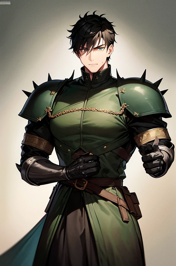 Content: A black man with short, spikey black hair and green eyes is dressed in a black military uniform with medieval aesthetics. His face is marked with scars, giving him a rugged, battle-hardened look, exuding a no-nonsense demeanor.

Medium: Digital art, character illustration.

Style: Inspired by detailed drawings of black men in military uniforms, incorporating fine line work and rich textures with a historical medieval twist.

Lighting: Dramatic lighting with strong contrasts to highlight his muscular frame, facial scars, and the details of his medieval-style uniform. Shadows add depth and intensity to his appearance.

Colours: A predominantly black palette for the uniform, with subtle highlights and shadows to emphasize the texture and material. The green of his eyes stands out against the darker tones, adding a striking focal point.

Composition: A full-body shot with a 50mm lens, capturing the man’s imposing figure and confident stance. The background is minimalist, ensuring the focus remains on his detailed design and powerful presence.