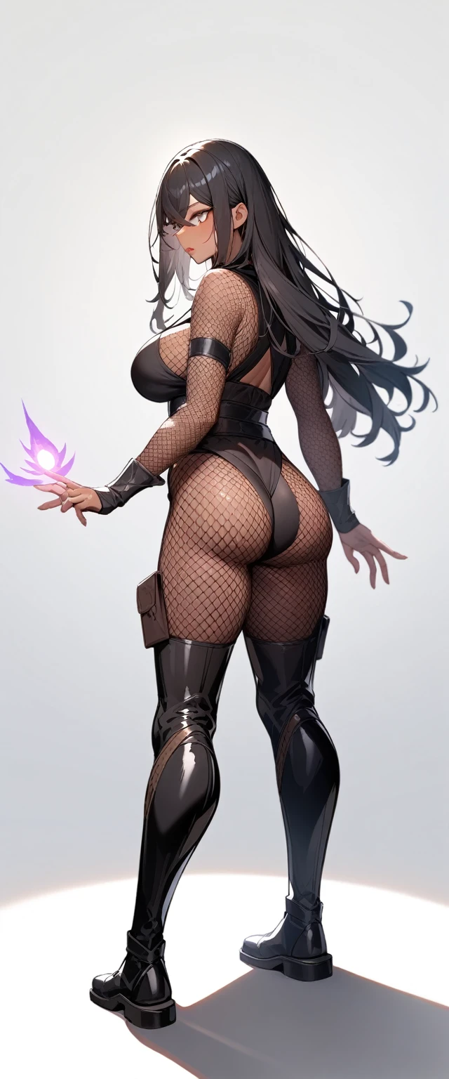 1girl,solo,super detailed skin,shiny skin,tanned skin,expressionless face,black hair,long hair,crossed bangs,deep detailed eyes,eyelashes,lips gloss ,large breasts,asymmetry body suit,Shinobi clothes,black boots,fishnet,standing ,butt ,simple background ,from behind ,shadow magic,masterpiece,best quality,ultra detailed,high resolution,sharp focus