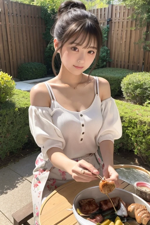 Produce the highest quality and highest resolution 8K images。Please draw the upper body of a 20 year old Japanese woman.。Please draw an image of people enjoying a barbecue in the garden.。She has brown eyes and a model-like figure、She has an idol-level cute face.。Her hair is in a bun.。Clothes、I'm wearing a short-sleeved shirt。The skin is、It is a natural skin color。she、Looking at you with a smile。