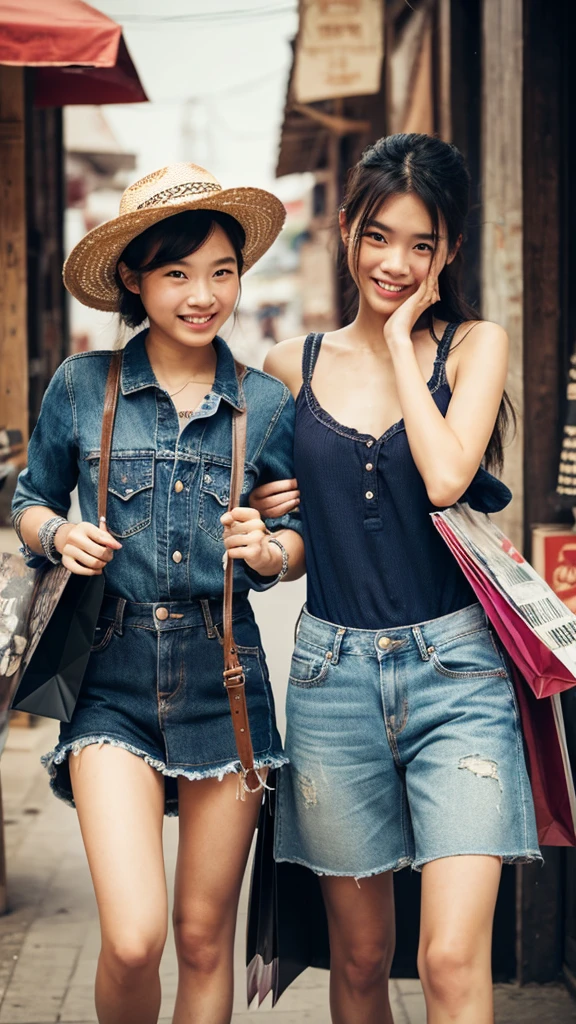 2 girls, doing shopping, cowboy short, Looking at viewer, Textured Skin, Super Detailed, Happy, Cowboy Shot,