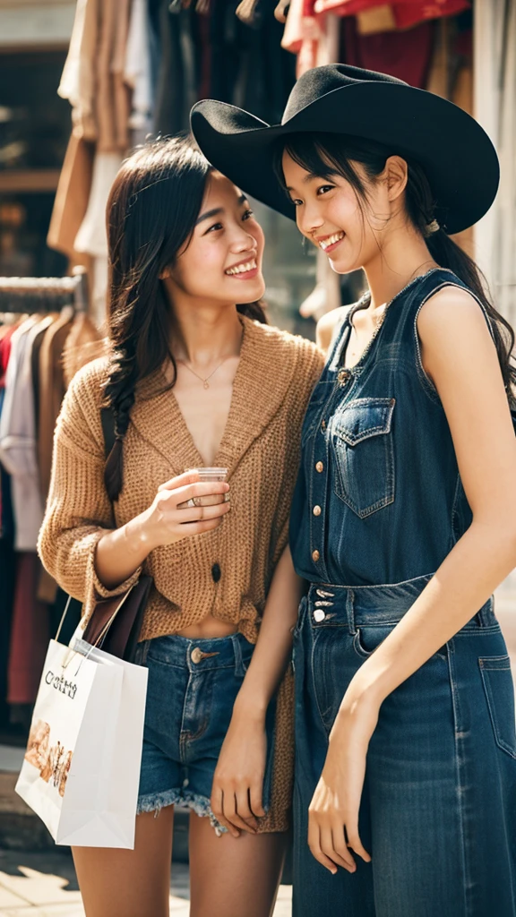 2 girls, doing shopping, cowboy short, Looking at viewer, Textured Skin, Super Detailed, Happy, Cowboy Shot, 