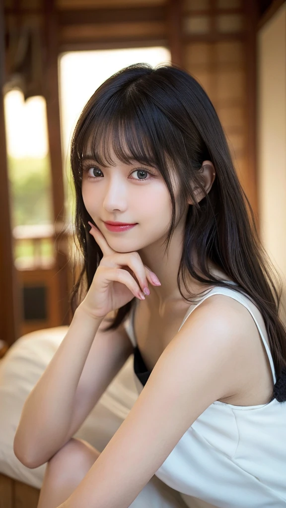 （最high quality：1.3）、Dress neatly、Sitting angle、（Real：1.5）、（1 person：1.5）、Very detailed、high quality、High resolution、8K Wallpaper、Perfect dynamic composition、Natural color lips、Cute Smile、Japanese women、17-year-old girl、Beautiful and exquisiteな顔、Perfect and beautiful face、Beautiful and exquisite、Big eyes、Brunette's eyes、Beautiful and exquisiteな顔、Perfect and beautiful double eyelids、Natural Bangs、Beautiful and thin nose、Beautiful Skin、Black natural hair、Long Hair、Natural Bangs、Perfect and beautiful face、Slim face and figure、（looking at the camera）、Bright lighting、Professional Lighting、Shoulder-length layers、Asymmetrical bangs、Japanese Idols、Sophisticated、Mid-chest、Waist-down angle