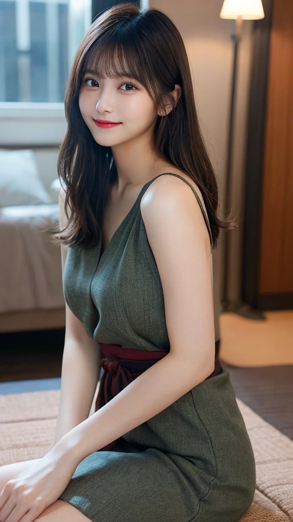 （最high quality：1.3）、Dress neatly、Sitting angle、（Real：1.5）、（1 person：1.5）、Very detailed、high quality、High resolution、8K Wallpaper、Perfect dynamic composition、Natural color lips、Cute Smile、Japanese women、、Beautiful and exquisiteな顔、Perfect and beautiful face、Beautiful and exquisite、Big eyes、Brunette's eyes、Beautiful and exquisiteな顔、Perfect and beautiful double eyelids、Natural Bangs、Beautiful and thin nose、Beautiful Skin、Black natural hair、Long Hair、Natural Bangs、Perfect and beautiful face、Slim face and figure、（looking at the camera）、Bright lighting、Professional Lighting、Shoulder-length layers、Asymmetrical bangs、Japanese Idols、Sophisticated、Mid-chest、Waist-down angle