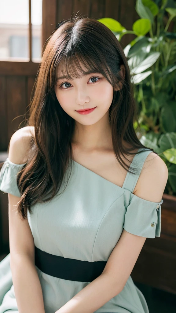 (最high quality:1.3)、Dress neatly、Sitting angle、(Real:1.5)、(1 person:1.5)、Very detailed、high quality、High resolution、8K Wallpaper、Perfect dynamic composition、Natural color lips、Cute Smile、Japanese women、、Beautiful and exquisiteな顔、Perfect and beautiful face、Beautiful and exquisite、Big eyes、Brunette's eyes、Beautiful and exquisiteな顔、Perfect and beautiful double eyelids、Natural Bangs、Beautiful and thin nose、Beautiful Skin、Black natural hair、Long Hair、Natural Bangs、Perfect and beautiful face、Slim face and figure、(looking at the camera)、Bright lighting、Professional Lighting、Shoulder-length layers、Asymmetrical bangs、Japanese Idols、Sophisticated、Mid-chest、Waist-down angle