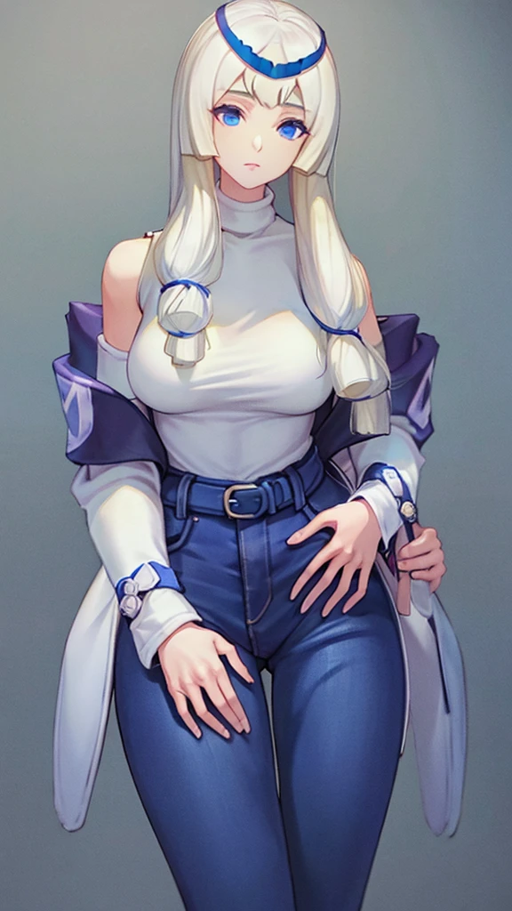With jeans and a white turtleneck