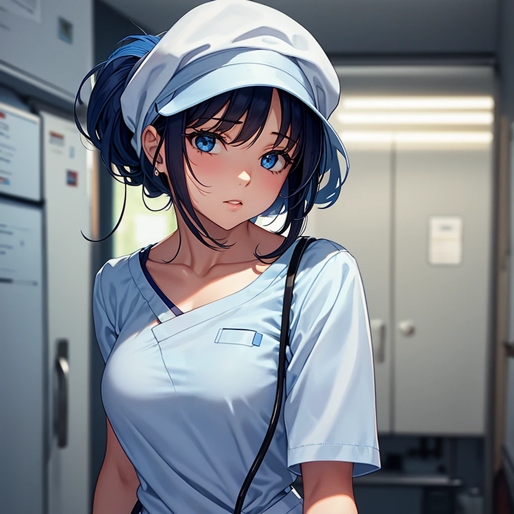 nursing aide,one girl,solo,blue or white scrubs,not wearing a hat or cap, I can't get my head out of the picture, Facing forward.