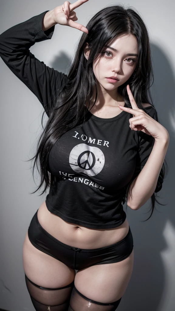 Somewhat tall girl with long black messy hair and sleepy ruby eyes wearing a tight slipknot band t-shirt and dark tights panties, doing a peace symbol with a somewhat chaotic face, her thighs squishy and her breasts are average sized.