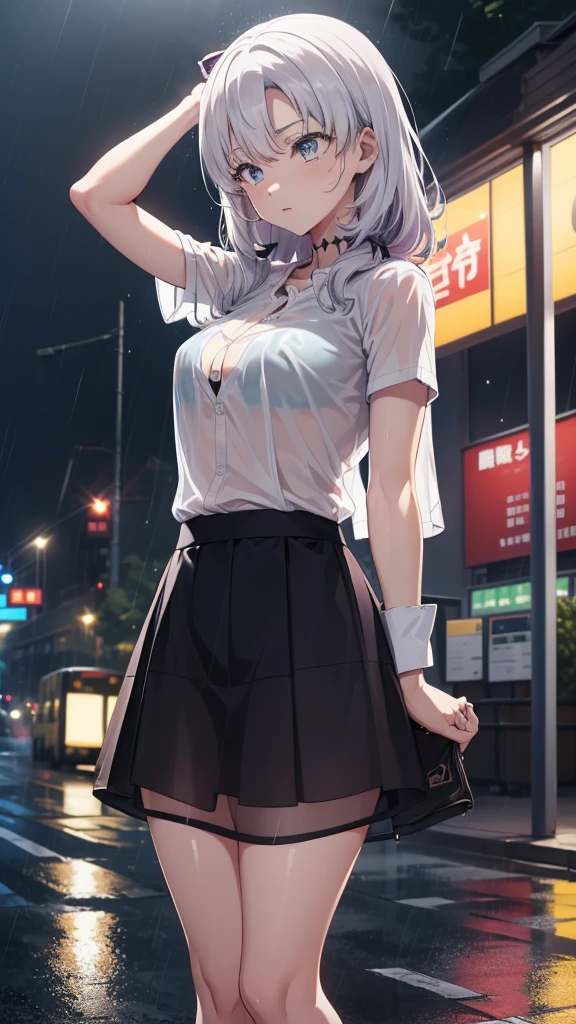 The clothes are wet, (Y-shirt is transparent: 1.4), skirt, (Unbroken body), (Perfect body structure), (arms two), (legs two), highest quality, 4K, (High resolution: 1.3) masterpiece , 1.2, Super detailed, HDR, Studio Lighting, Sharp Focus, Bright colors, Portrait, Warm tones, Soft Lighting,A bus stop in the evening rain、(Put your hands on your head)、