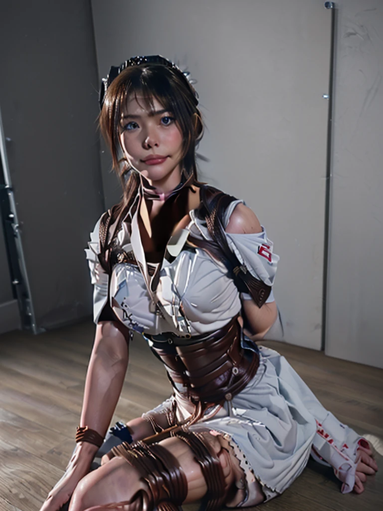 top quality, masterpiece, (original photo, professional photography, photorealistic, realistic:1.3), extremely detailed CG 16K unity wallpaper, (best aesthetic, natural light:1.1), ultra high res, (correct anatomy:1.5), ((highly detailed skin texture:1.1)), ((from front view:1.3)), pov, 1 girl, Japanese woman, solo, looking at viewer, cowboy shot, (medical staff:1.4), (nurse:1.3), (24 years old:1.1), (looks younger than real age:1.3), brown hair, (SINGLE hair bun:1.5), fairly detailed skin, dark eyes, ((narrow eyes:1.4)), finely detailed nose, beautiful lips, (embarrassed:1.3), ((white scrub, short sleeves:1.5)), ((petit, slender:1.4)), ((beautiful breast:1.2)), (((arms behind back, restrained, shibari, rope bondage:1.5))), (((sitting on the floor:1.4))), (((indoor, midnight, dark room, empty operation room:1.2)))