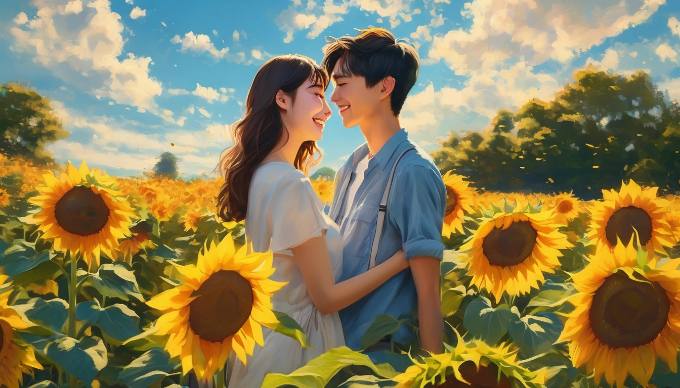 (best quality, masterpiece, ultra detailed, ultra high res, photorealistic, raw photo, absolutely resolution), A scene in a sunflower field with a 17-year-old Japanese man and a 19-year-old Japanese woman holding hands and smiling at each other. The background features a bright blue sky, with the vibrant yellow of the sunflowers standing out. The couple is centrally positioned, with their smiles clearly visible. The camera angle is a front-facing shot, capturing the expressions of both individuals. The overall color palette is bright and summery, emphasizing the contrast between the yellow sunflowers and the blue sky. The scene conveys a sense of happiness and joy.