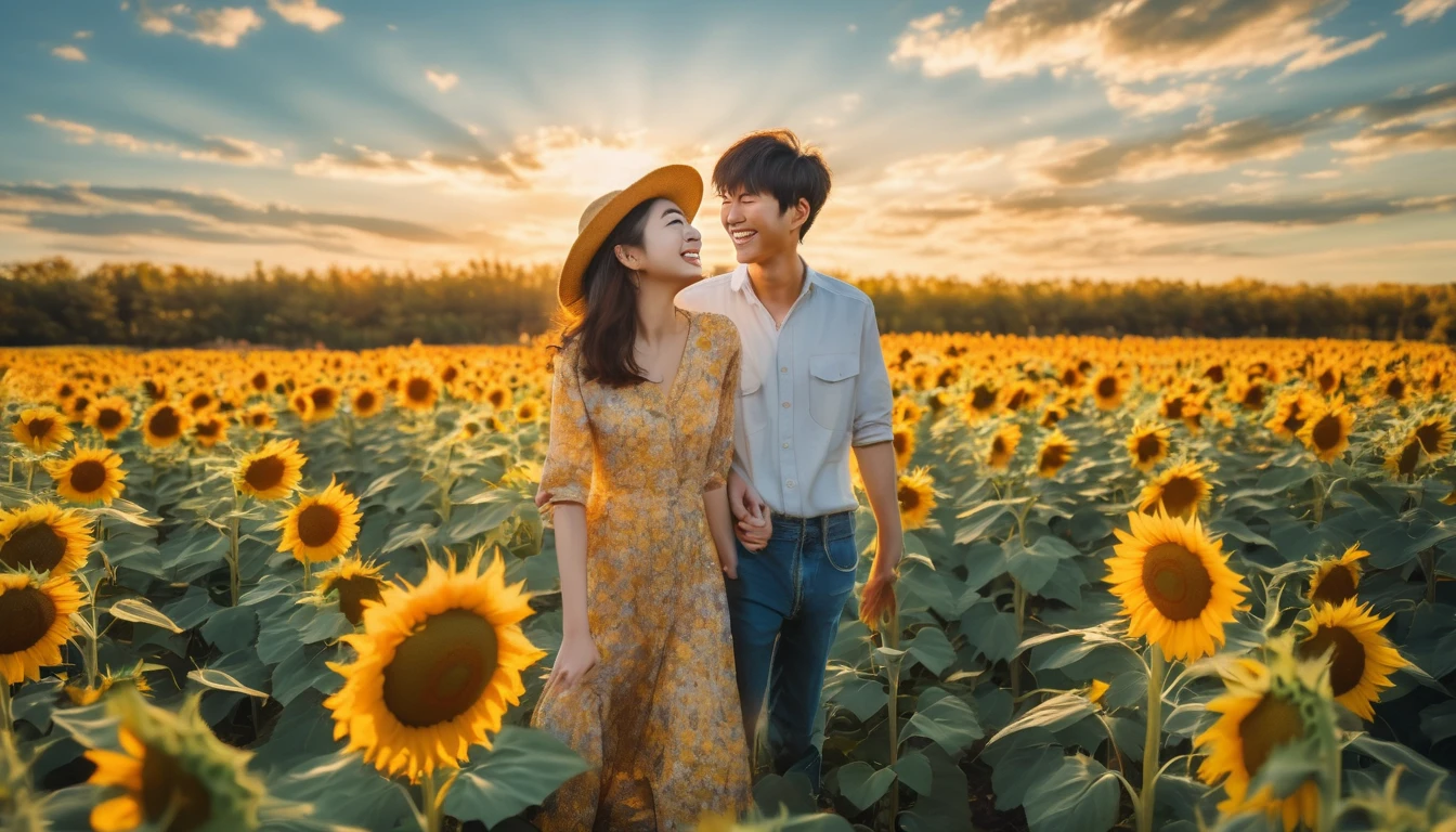 (best quality, masterpiece, ultra detailed, ultra high res, photorealistic, raw photo, absolutely resolution), A scene in a sunflower field with a 17-year-old Japanese man and a 19-year-old Japanese woman holding hands and smiling at each other. The background features a bright blue sky, with the vibrant yellow of the sunflowers standing out. The couple is centrally positioned, with their smiles clearly visible. The camera angle is a front-facing shot, capturing the expressions of both individuals. The overall color palette is bright and summery, emphasizing the contrast between the yellow sunflowers and the blue sky. The scene conveys a sense of happiness and joy.