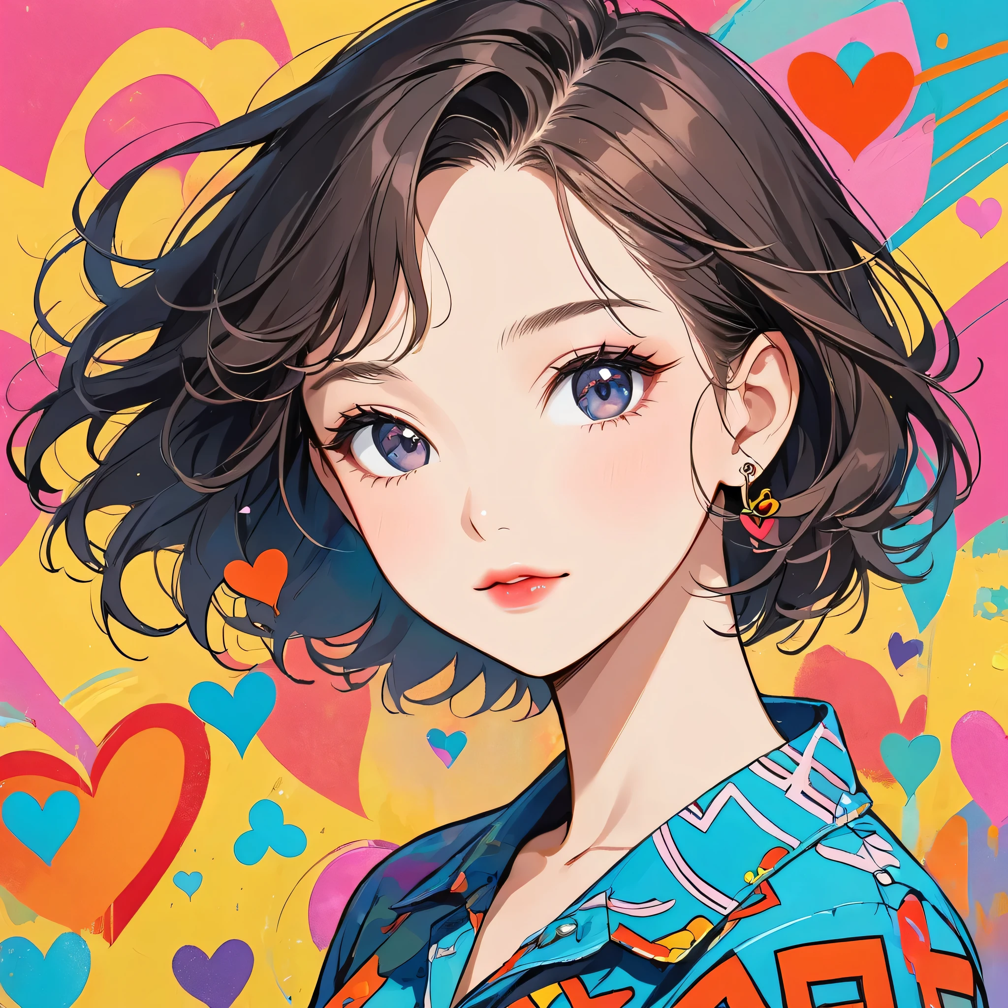 Keith Haring colorful style, Simple Line Initialism，Abstract art，Urban Background, (((The most beautiful girl of all time))), Sweet face. Lips in love, colorful hearts, stylish design
