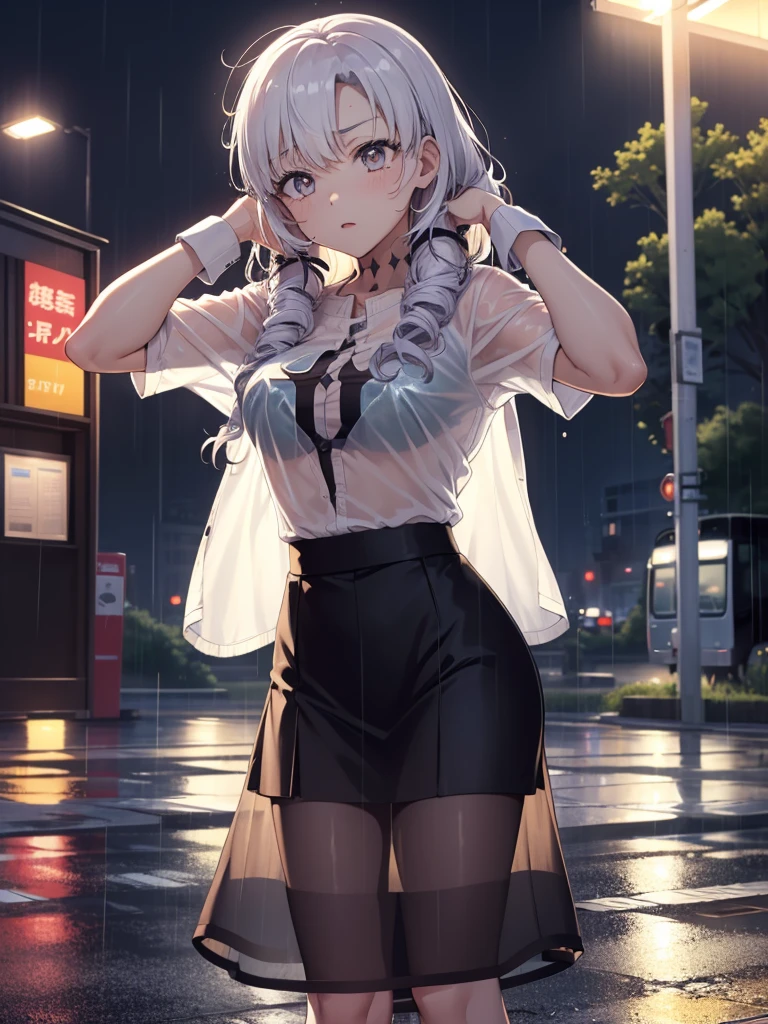 The clothes are wet, (Y-shirt is transparent: 1.4), skirt, (Unbroken body), (Perfect body structure), (arms two), (legs two), highest quality, 4K, (High resolution: 1.3) masterpiece , 1.2, Super detailed, HDR, Studio Lighting, Sharp Focus, Bright colors, Portrait, Warm tones, Soft Lighting,A bus stop in the evening rain、(Put your hands on your head)、