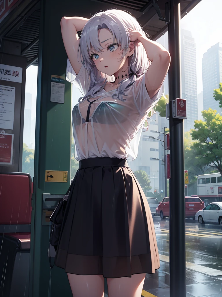 The clothes are wet, (Y-shirt is transparent: 1.4), skirt, (Unbroken body), (Perfect body structure), (arms two), (legs two), highest quality, 4K, (High resolution: 1.3) masterpiece , 1.2, Super detailed, HDR, Studio Lighting, Sharp Focus, Bright colors, Portrait, Warm tones, Soft Lighting,A bus stop in the evening rain、(Put your hands on your head)、