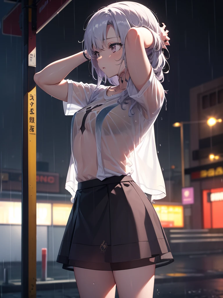 The clothes are wet, (Y-shirt is transparent: 1.4), skirt, (Unbroken body), (Perfect body structure), (arms two), (legs two), highest quality, 4K, (High resolution: 1.3) masterpiece , 1.2, Super detailed, HDR, Studio Lighting, Sharp Focus, Bright colors, Portrait, Warm tones, Soft Lighting,A bus stop in the evening rain、(Put your hands on your head)、