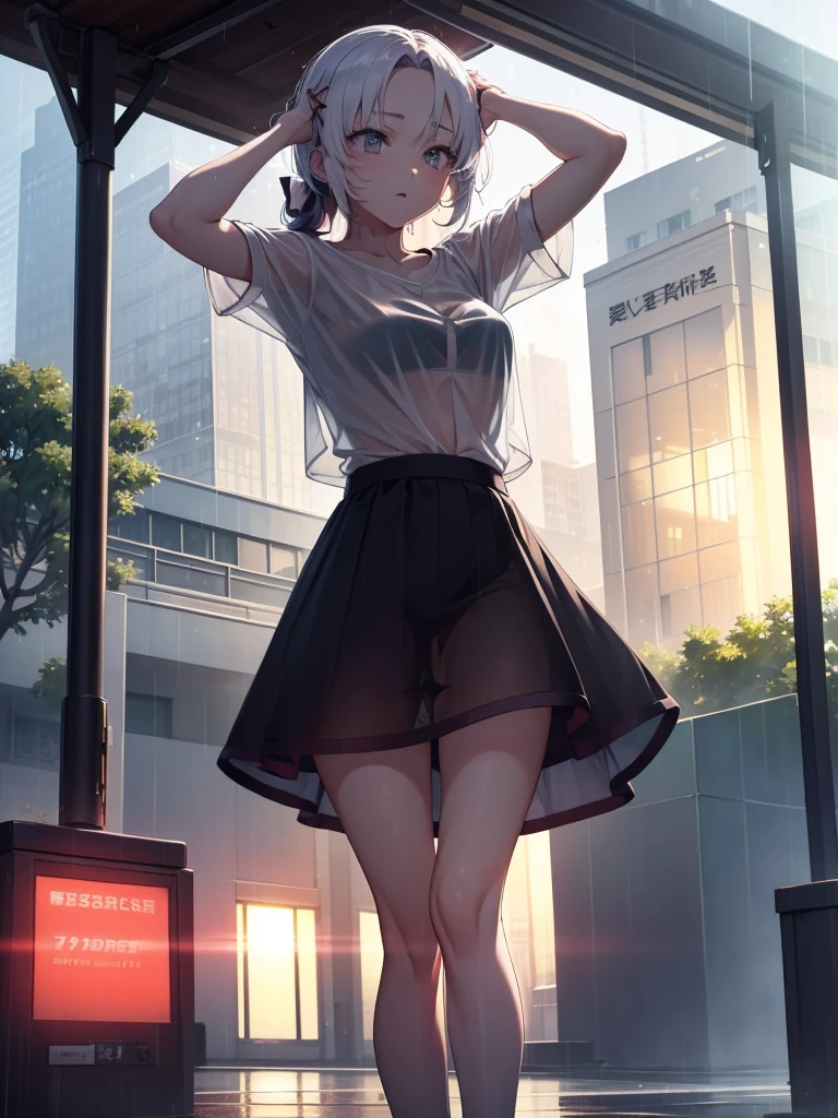 The clothes are wet, (Y-shirt is transparent: 1.4), skirt, (Unbroken body), (Perfect body structure), (arms two), (legs two), highest quality, 4K, (High resolution: 1.3) masterpiece , 1.2, Super detailed, HDR, Studio Lighting, Sharp Focus, Bright colors, Portrait, Warm tones, Soft Lighting,A bus stop in the evening rain、(Put your hands on your head)、