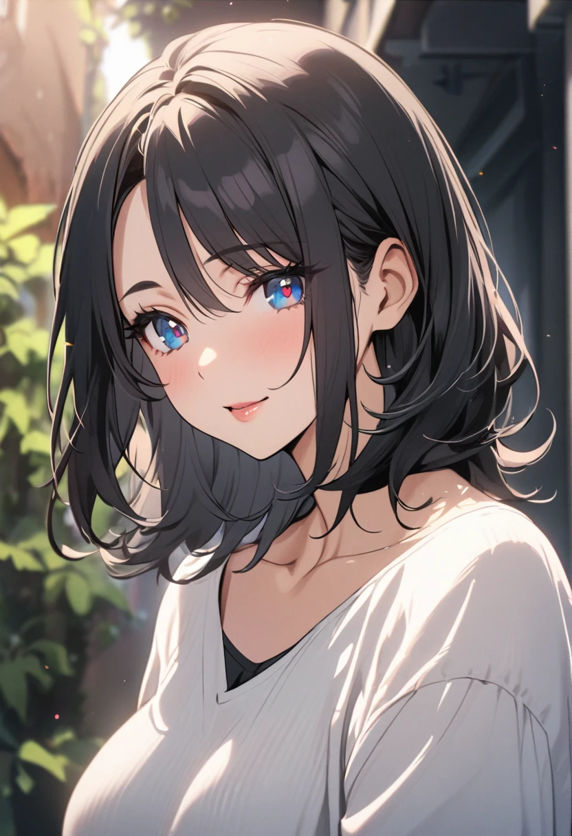 girl, black hair, medium hair, two colors eyes, one blue eye, one red eye, mature, beautiful, cute