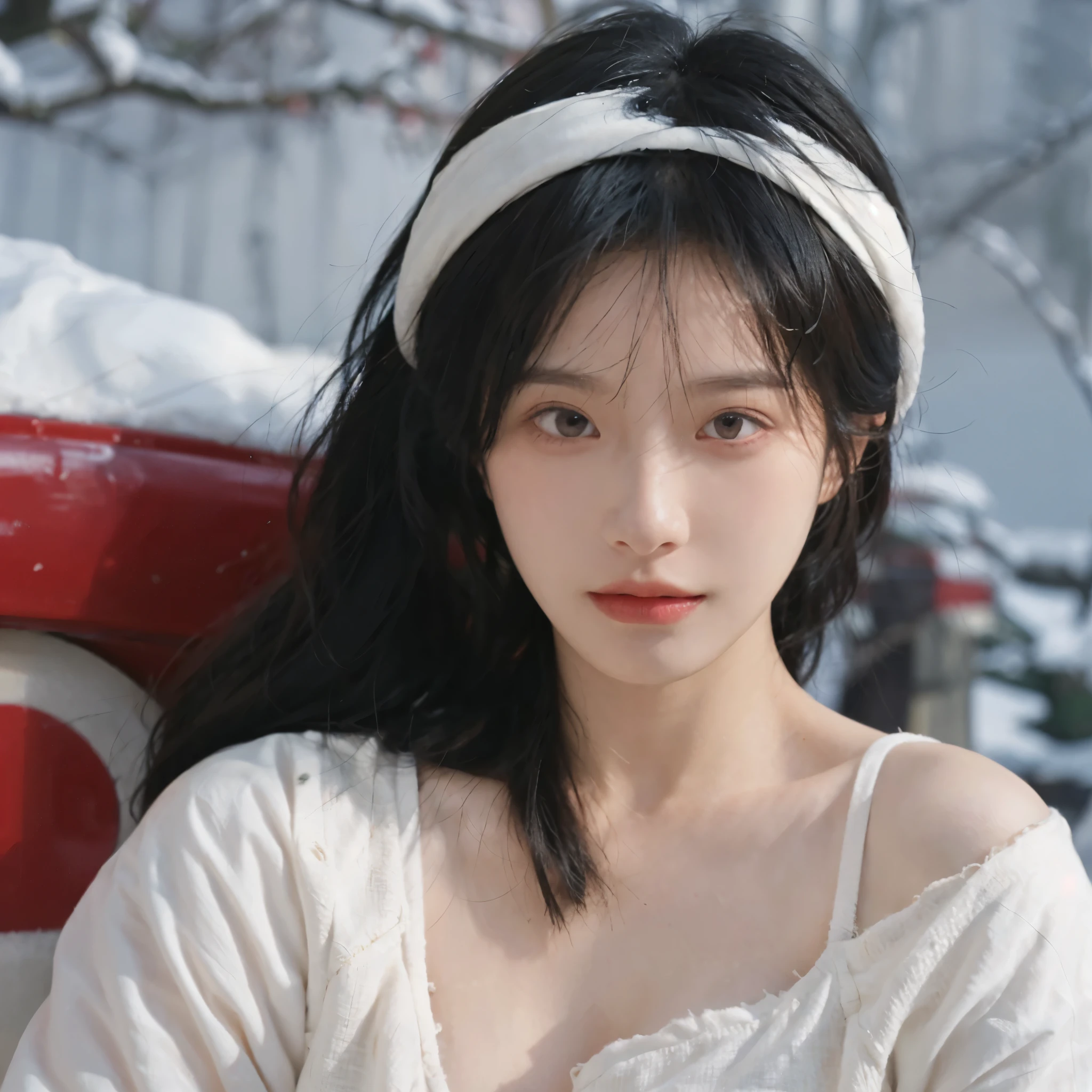 Portrait photography,1 girl,Snow Scene,Snowing background,Push-up non-slip tube top ,(whole body:1.4),Lipstick,(Big Breasts:1.4),Headband,serene,calm,(Realistic and detailed eyes,Natural skin texture,Realistic facial details),