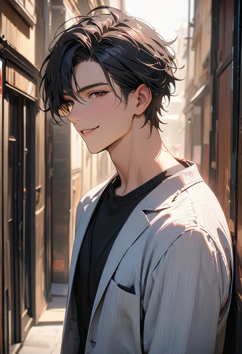20 years old ,modern, Verism, (masterpiece:1.2), textured skin, super detail, best quality, 4K , A handsome man, black hair, short hair, light smile, happy