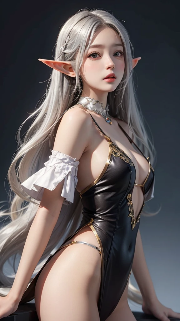 Cute, nice, beautiful, dynamic angle, 1 elf girl, solo, 1 woman, long hair, silver hair, brown eyes,
