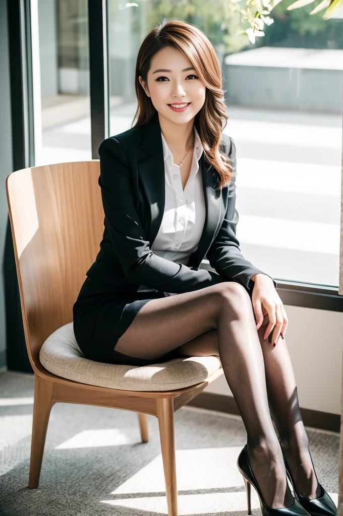 (Only one person), Pure Japanese office lady, wearing formal business suits, pantyhose, high heels, formal makeup and lips, thick eyebrows, formal hair styles, sweet smile, sitting in nobody’s Sunday office, soft sunlight, sexual attractive, professional photography,
