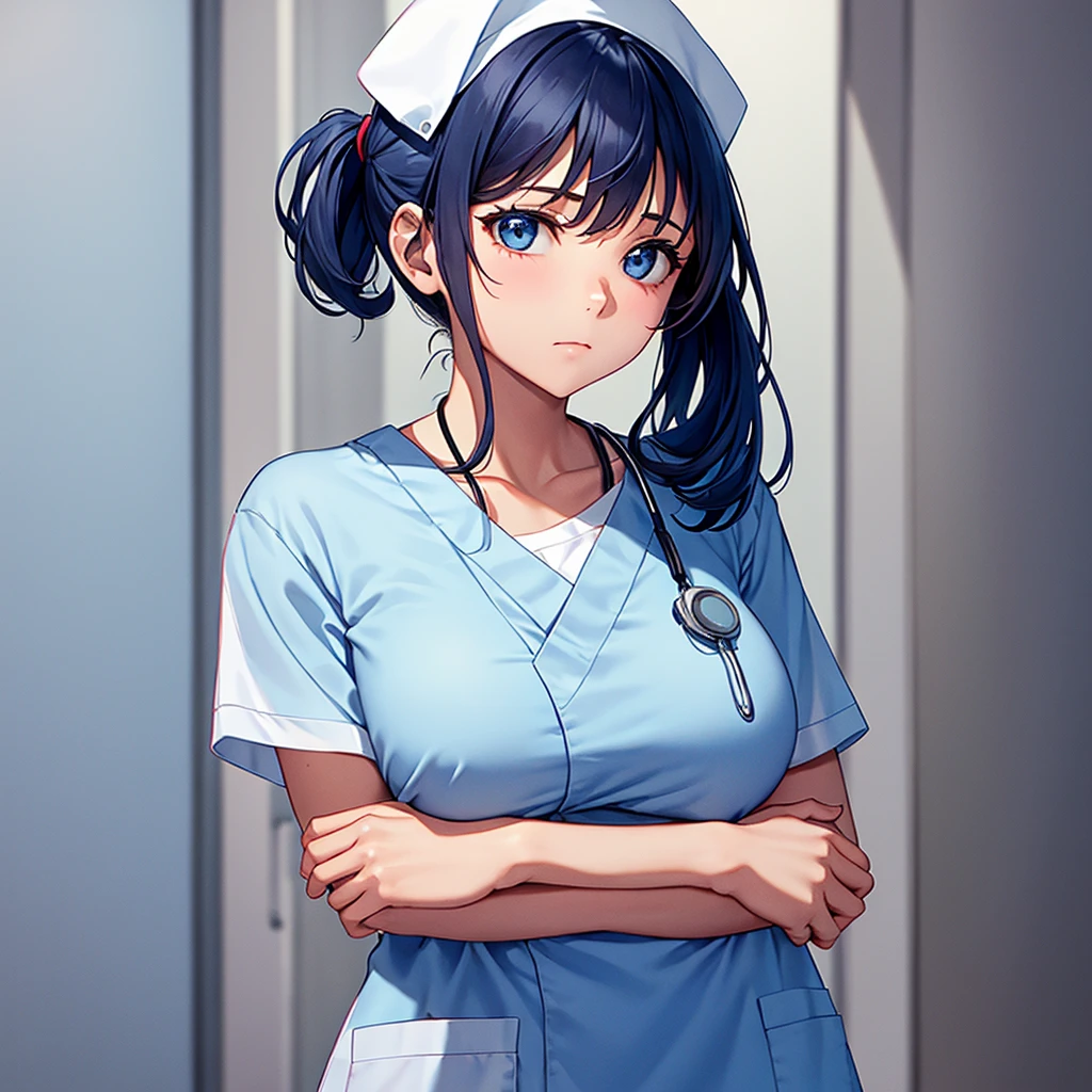 nursing aide,one girl,solo,blue or white scrubs,not wearing a hat or cap, I can't get my head out of the picture, Facing forward.