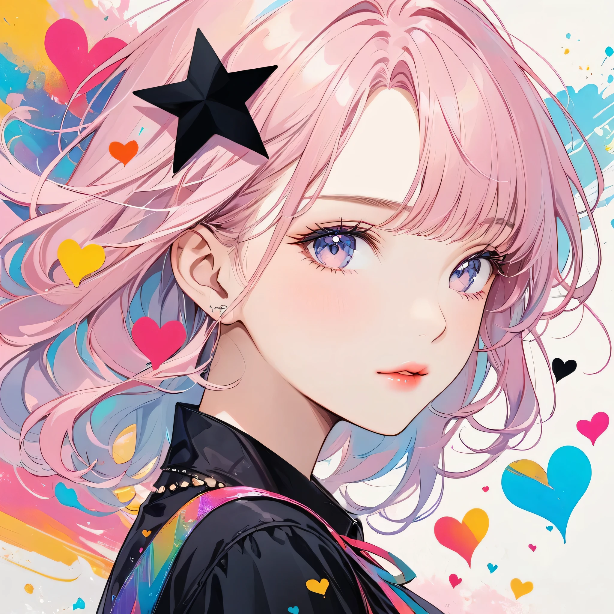 Black Star pastel color style, Simple Line Initialism,Abstract art,Urban Background, (((The most beautiful girl of all time))), Sweet face. Lips in love, colorful hearts, stylish design