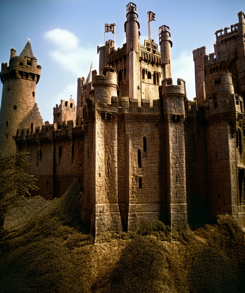 detailed portrait of a medieval castle from disney movie snow white , dvd screen shot from 1982s dark fantasy film, realistic retro film style, 1980s dark fantasy film ,medieval atmosphere, dark fantasy , from "the never ending " 1984 film style