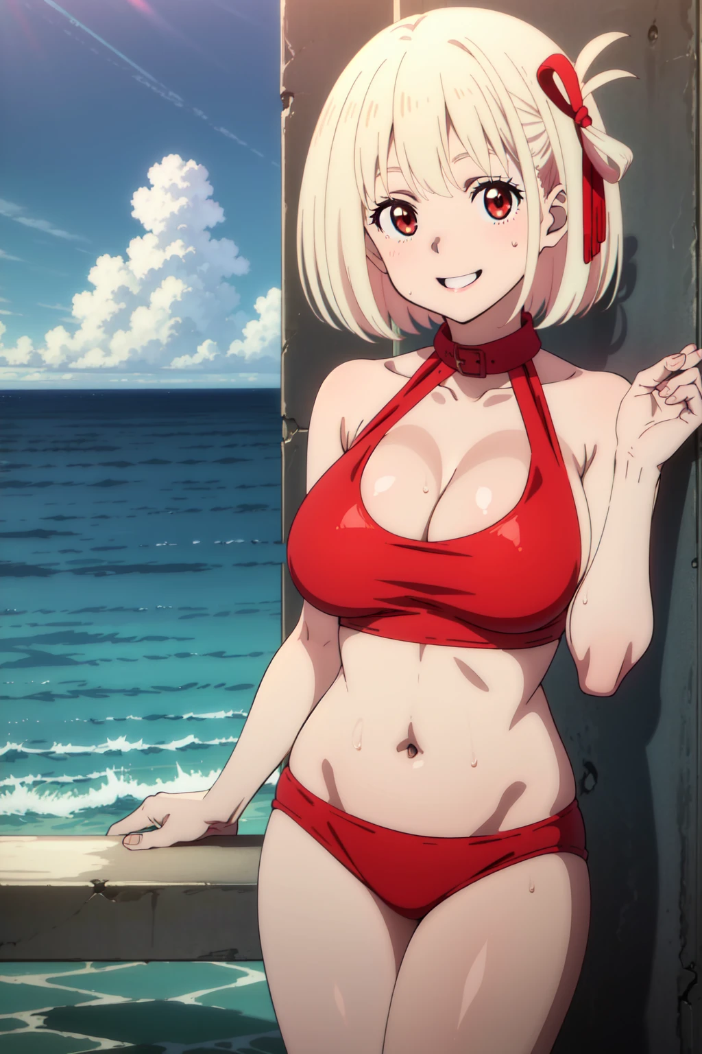 (masterpiece, best quality:1.4), looking at viewer, smile,chisato nishikigi, blonde hair, short hair, red eyes,large breasts, hair ribbon, Smiling, looking at the viewer, blue theme, blue background, cloudy sky, sunlight, sweat, orgasmic, full nude,pinkcolor nipple, cleavage, belly button exposed, collarbone, thighs, sea , head, Wave, splashe,