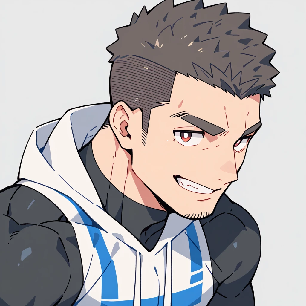 anime characters:Priapus, Dark Black Skin Muscle Sports Student, Buzz Cut, Manliness, male focus, Sports tight hooded sweatshirt, Wear a high-necked tights underneath, Very tight, full and perky chest muscles, muscular male, muscular, only, Upper body, alone, Red short hair, Thick eyebrows, stubble, Brown-red pupils, White background, simple background, amazing quality, best aesthetics, Ridiculous, crew cut, smirk, bright pupils, grin, negative space, negative space, best quality