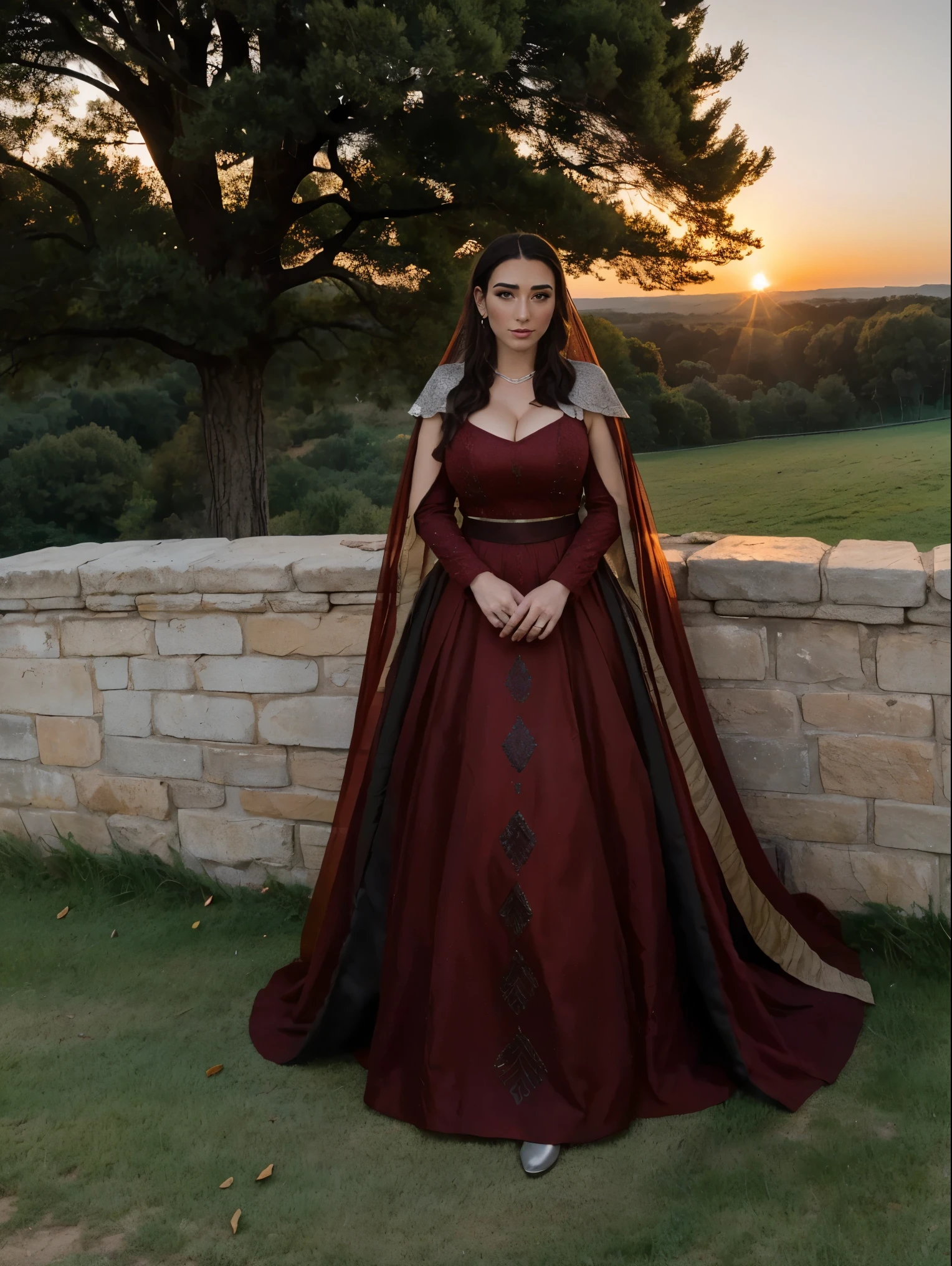 Gorgeous and sultry busty athletic (thin) brunette queen with sharp facial features wearing a modest updo, dark red medieval dress, long sleeves, intricate patterns, scrollwork, wide neck, crown, veil, long dress, modest dress, tight bodice, (silver waist chain), medieval jewelry, Middle Ages, castle, rampart, wall, exterior, on top of a castle wall, trees, countryside, evening, sunset.