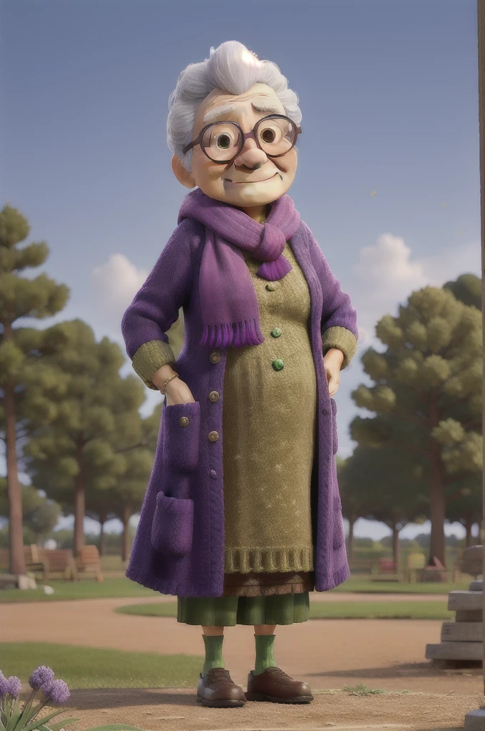 masterpiece, best quality, an old woman with glasses and a scarf on, wearing a purple coat and green scarf, standing at the park