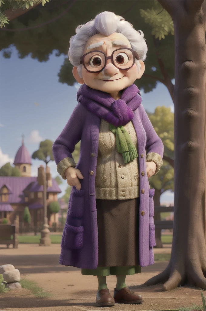 masterpiece, best quality, an old woman with glasses and a scarf on, wearing a purple coat and green scarf, standing at the park