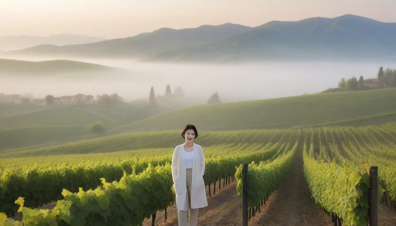 8k realistic, lifelike photo,, 36 year old Korean woman, Short in stature, pretty like a model. white shirt and short cardigan, casual pants, short medium hair, smiling, Italy. spring, vineyard, thick dawn fog. vineyard 지나 짙은 안개 속으로 저 멀리 성당이 보인다. Full body shot from afar with a wide angle lens , 1 woman, Short in stature, superb picture quality, The morning fog is getting thicker, The picture quality is alive... Full body shot with Canon 16-35 wide angle lens, Put on your horn-rimmed sunglasses and look to the side.