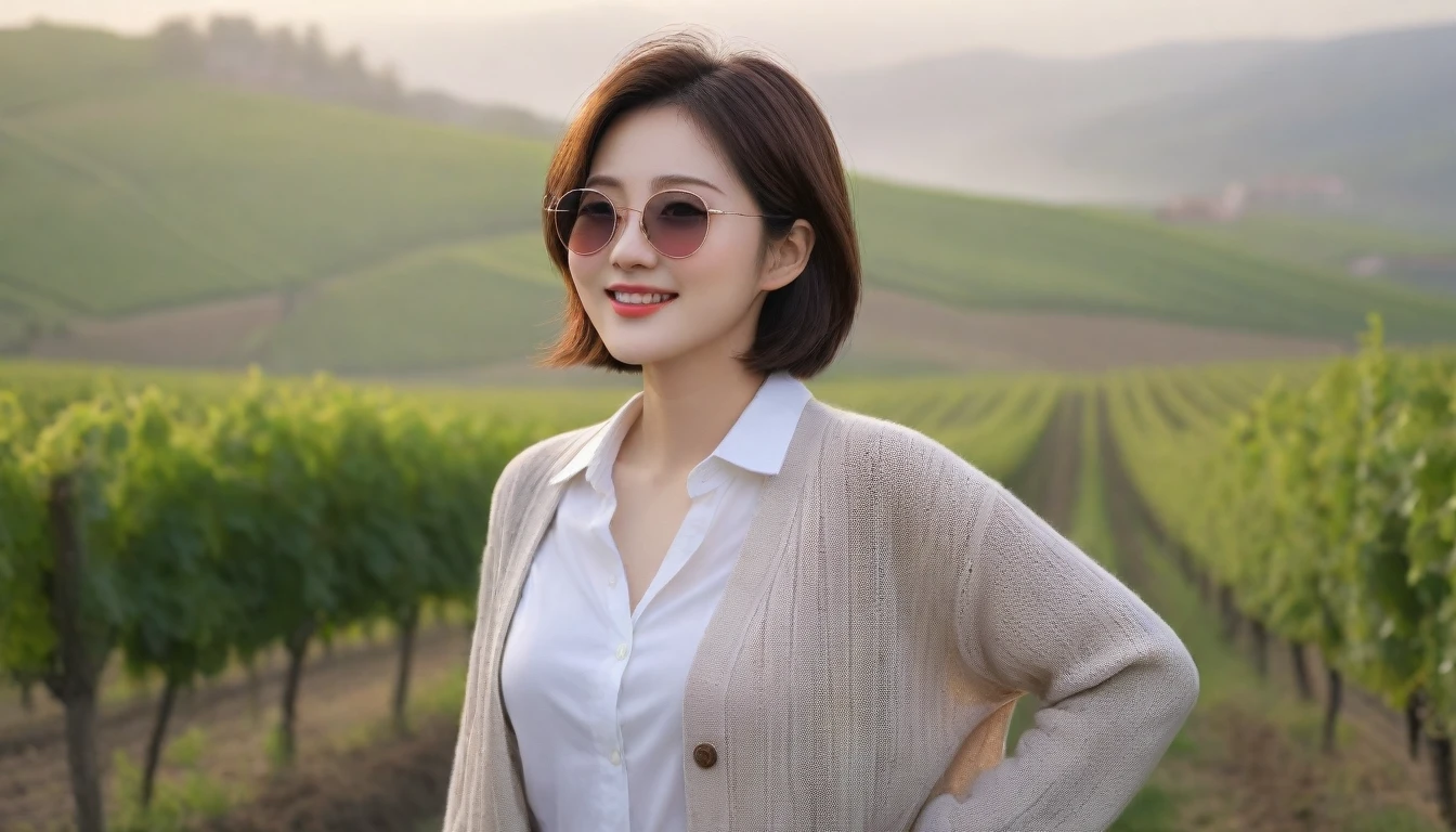 8k realistic, lifelike photo,, 36 year old Korean woman, Short in stature, pretty like a model. white shirt and short cardigan, casual pants, short medium hair, smiling, Italy. spring, vineyard, thick dawn fog. vineyard 지나 짙은 안개 속으로 저 멀리 성당이 보인다. Full body shot from afar with a wide angle lens , 1 woman, Short in stature, superb picture quality, The morning fog is getting thicker, The picture quality is alive... Full body shot with Canon 16-35 wide angle lens, Put on your horn-rimmed sunglasses and look to the side.