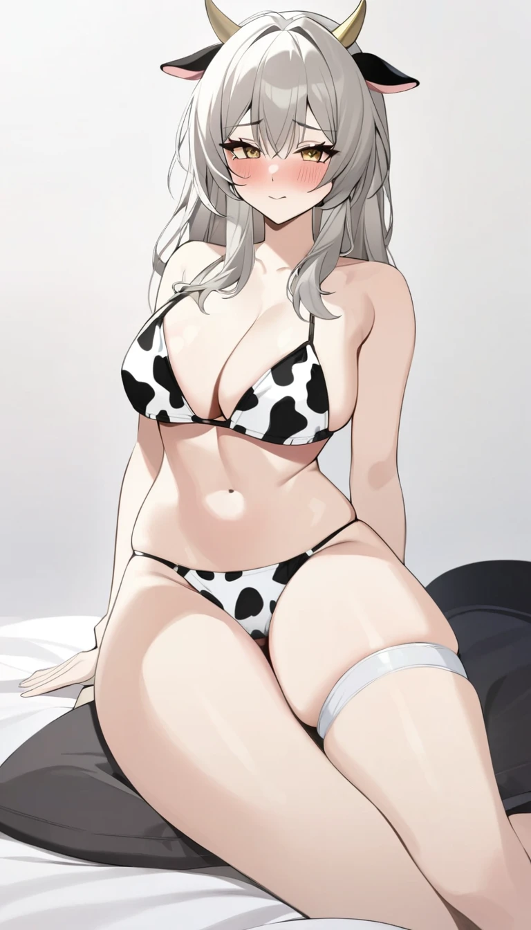 16K,masterpiece,best quality,very aesthetic,absurdres,1girl, sorlor,blush,embarrassed ,very cute,Cow print bikini,first round,比基尼,breast, thick thighs ,:or,firefly_\(hornkai:_star_rail\), lororking_at_viewer,white backgrorund 