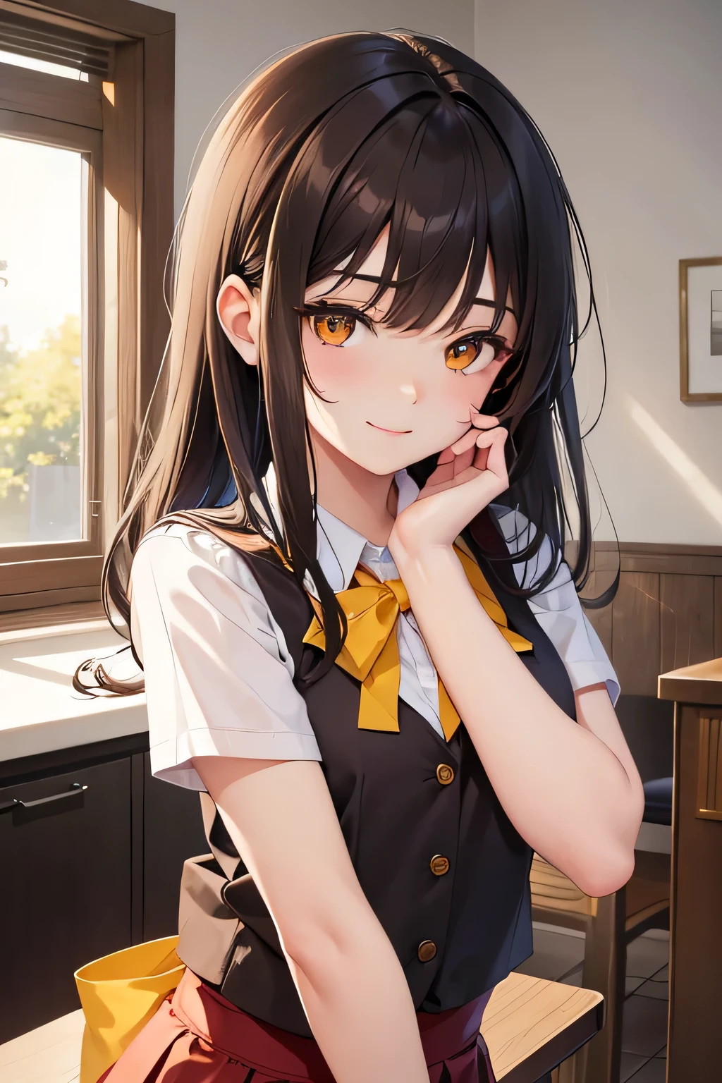 high quality art, alone girl, Half body, dark brown hair, Something long, beautiful face, smiling with arms crossed, and one of his hands on his chin, closing one eye, smiling flirtatiously, childish look, wearing school collar blouse, red vest with yellow accents, plank skirt, in the background an integral kitchenette