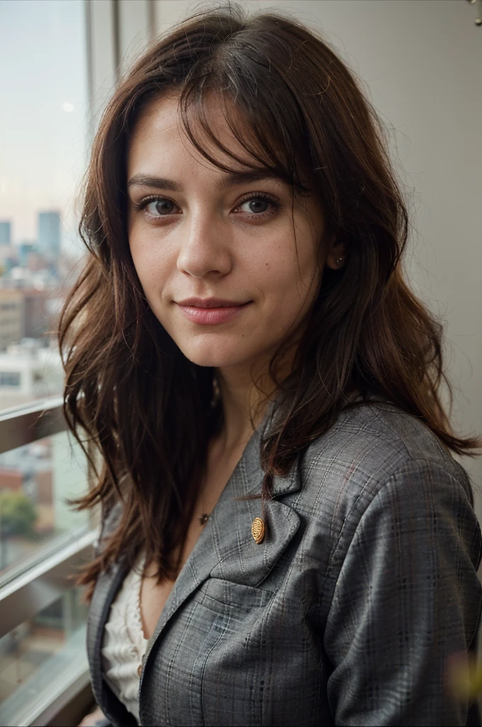 Beautiful girl in suit in office, (Business work attire), sportrait, Beautiful face, beautidful eyes, sportrait, Shy smile, opening eyes, an award winning photograph, best qualityer, full bodyesbian, Hannahowo, brown  hair, Port 400, F2.8, natural color, Detailed textures, Natural lighting, Zeiss, Medium format, Bokeh, Eye contact, (highly realistic)