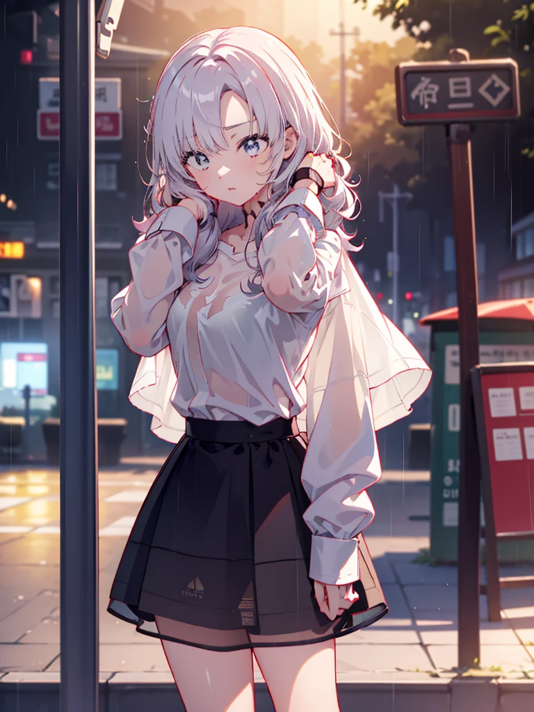 The clothes are wet, (Y-shirt is transparent: 1.4), skirt, (Unbroken body), (Perfect body structure), (arms two), (legs two), highest quality, 4K, (High resolution: 1.3) masterpiece , 1.2, Super detailed, HDR, Studio Lighting, Sharp Focus, Bright colors, Portrait, Warm tones, Soft Lighting,A bus stop in the evening rain、(Put your hands on your head)、