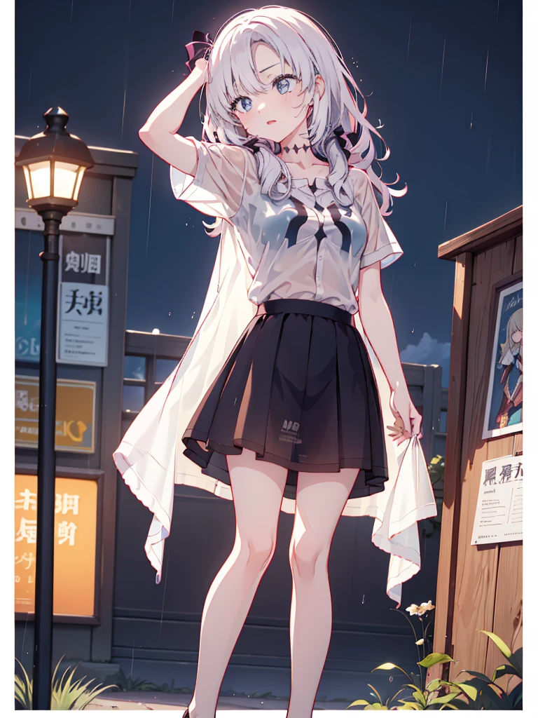 The clothes are wet, (Y-shirt is transparent: 1.4), skirt, (Unbroken body), (Perfect body structure), (arms two), (legs two), highest quality, 4K, (High resolution: 1.3) masterpiece , 1.2, Super detailed, HDR, Studio Lighting, Sharp Focus, Bright colors, Portrait, Warm tones, Soft Lighting,A bus stop in the evening rain、(Put your hands on your head)、