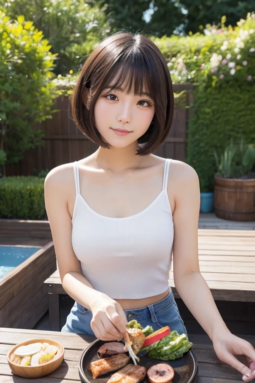 Produce the highest quality and highest resolution 8K images。Please draw the upper body of a 20 year old Japanese woman.。Please draw an image of people enjoying a barbecue in the garden.。She has brown eyes and a model-like figure、She has an idol-level cute face.。Hair is bob cut。Clothes、I'm wearing a short-sleeved shirt。The skin is、It is a natural skin color。she、Looking at you with a smile。