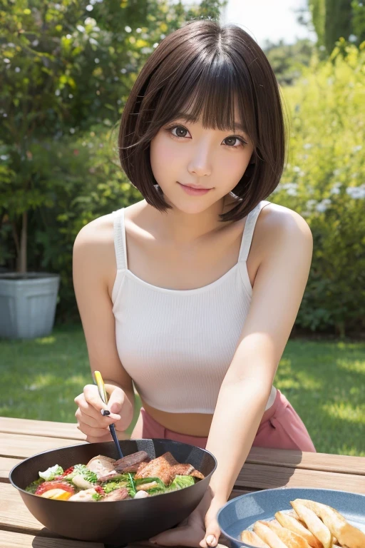 Produce the highest quality and highest resolution 8K images。Please draw the upper body of a 20 year old Japanese woman.。Please draw an image of people enjoying a barbecue in the garden.。She has brown eyes and a model-like figure、She has an idol-level cute face.。Hair is bob cut。Clothes、I'm wearing a short-sleeved shirt。The skin is、It is a natural skin color。she、Looking at you with a smile。