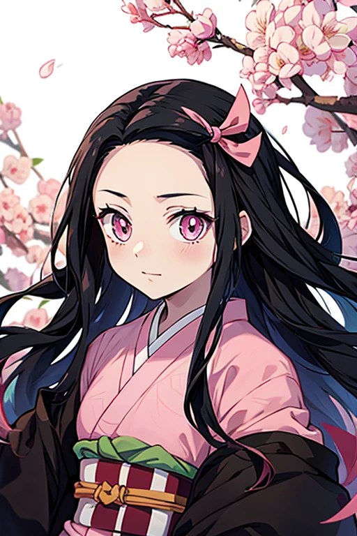 Anime,Nezuko Kamado,Demon Slayers series,Anime series , wide four head,pink pupils,pink kimono with green and black belt, long black hairs