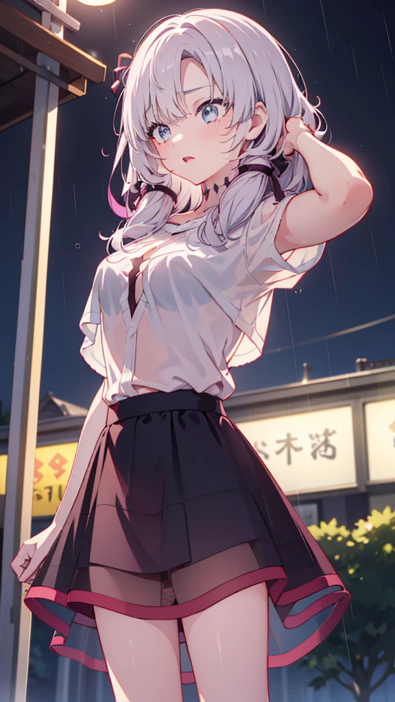 The clothes are wet, (Y-shirt is transparent: 1.4), skirt, (Unbroken body), (Perfect body structure), (arms two), (legs two), highest quality, 4K, (High resolution: 1.3) masterpiece , 1.2, Super detailed, HDR, Studio Lighting, Sharp Focus, Bright colors, Portrait, Warm tones, Soft Lighting,A bus stop in the evening rain、(Put your hands on your head)、