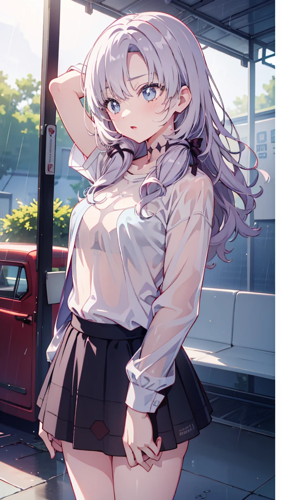 The clothes are wet, (Y-shirt is transparent: 1.4), skirt, (Unbroken body), (Perfect body structure), (arms two), (legs two), highest quality, 4K, (High resolution: 1.3) masterpiece , 1.2, Super detailed, HDR, Studio Lighting, Sharp Focus, Bright colors, Portrait, Warm tones, Soft Lighting,A bus stop in the evening rain、(Put your hands on your head)、