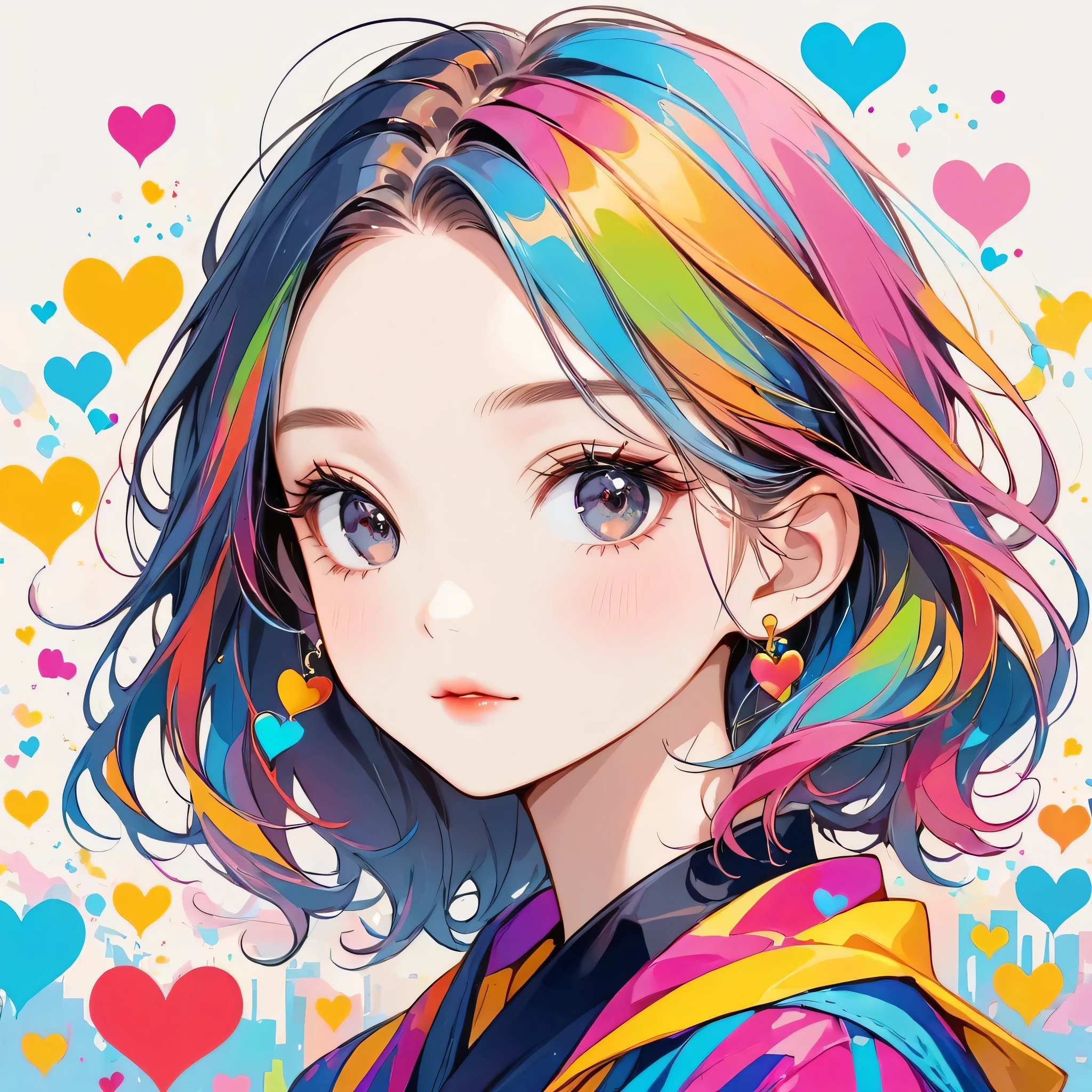 Mika Pikazo colorful style, Simple Line Initialism，Abstract art，Urban Background, (((The most beautiful girl of all time))), black eyes, Sweet face. Lips in love, colorful hearts, stylish design, black eyes