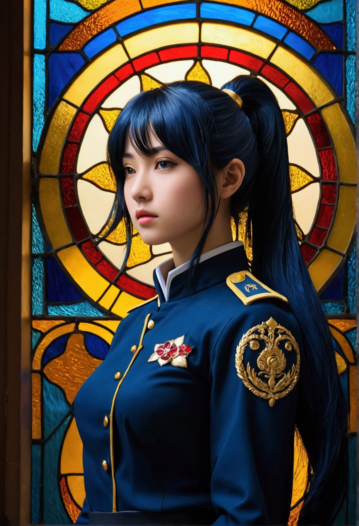 One girl, alone, Laura S.. Alseid (Long dark blue hair, Ponytail and side bangs, Small breasts), (Inspired by the cold steel trail) Exposing panties in uniform, At military school, Embarrassing　(masterpiece, Highest quality, Highest quality,Official Art, beautifully、Super Gold Hairstyle、aesthetic:1.2),(One girl:1.3), One girl BREAK stained glass art, Colored Glass, Lead wire, Light transmission BREAK Vivid colors, Intricate Design, Glowing effect, Spiritual atmosphere、Background abstract Japanese style